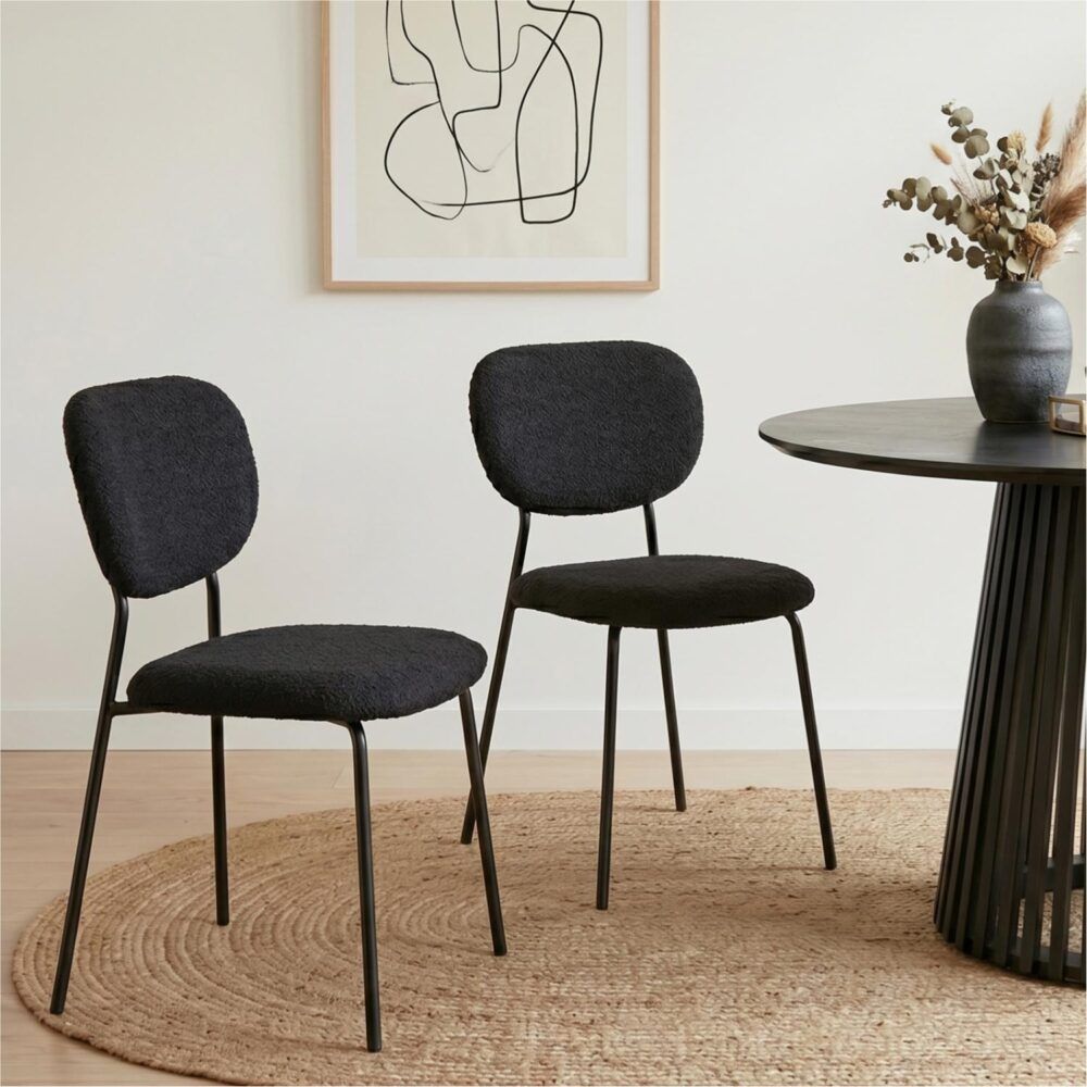 Charcoal Charm Armless Dining Chairs – Boucle Fabric, Metal Legs, Set of 2