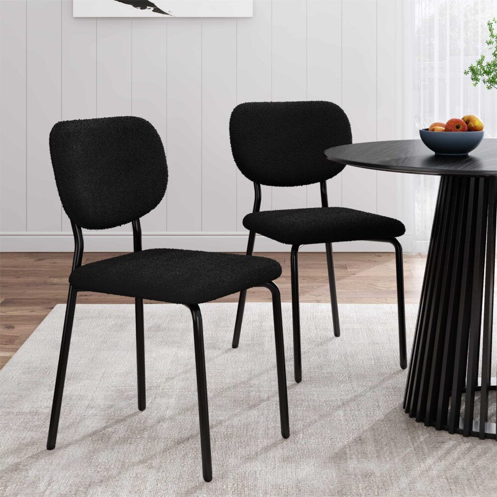 Charcoal Charm Armless Dining Chairs – Boucle Fabric, Metal Legs, Set of 2