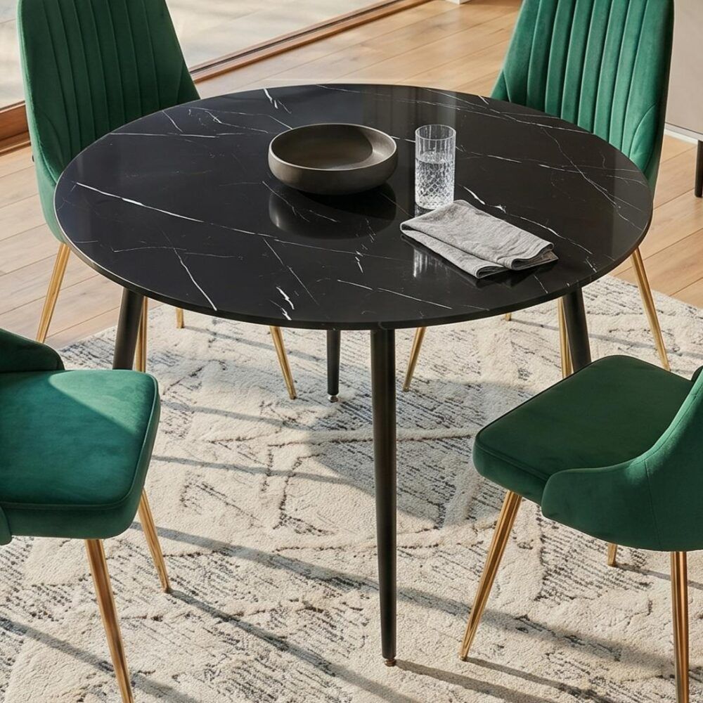 Round Dining Table – Marble Effect MDF Top with Powder-Coated Steel Legs