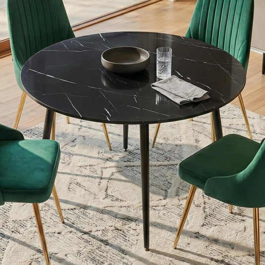 Round Dining Table – Marble Effect MDF Top with Powder-Coated Steel Legs