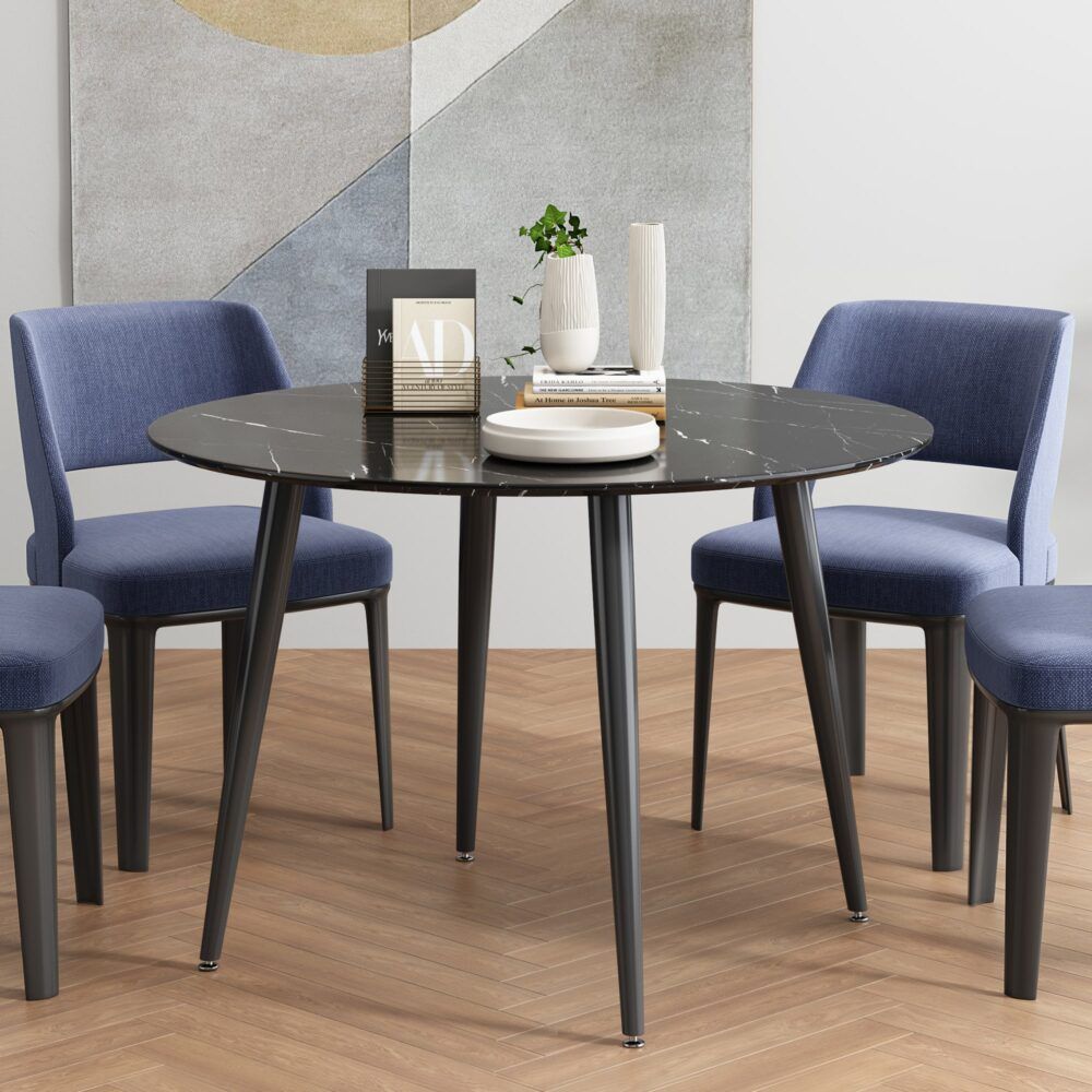 Round Dining Table – Marble Effect MDF Top with Powder-Coated Steel Legs