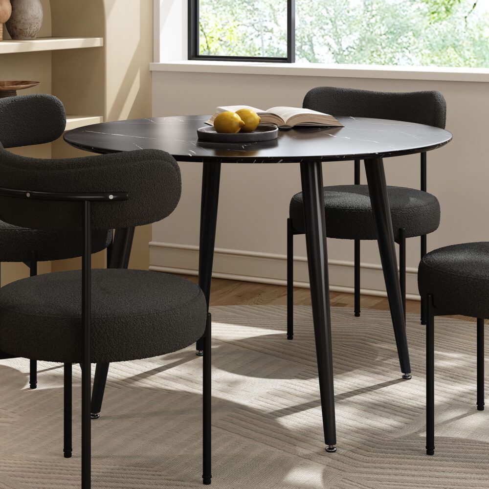 Round Dining Table – Marble Effect MDF Top with Powder-Coated Steel Legs