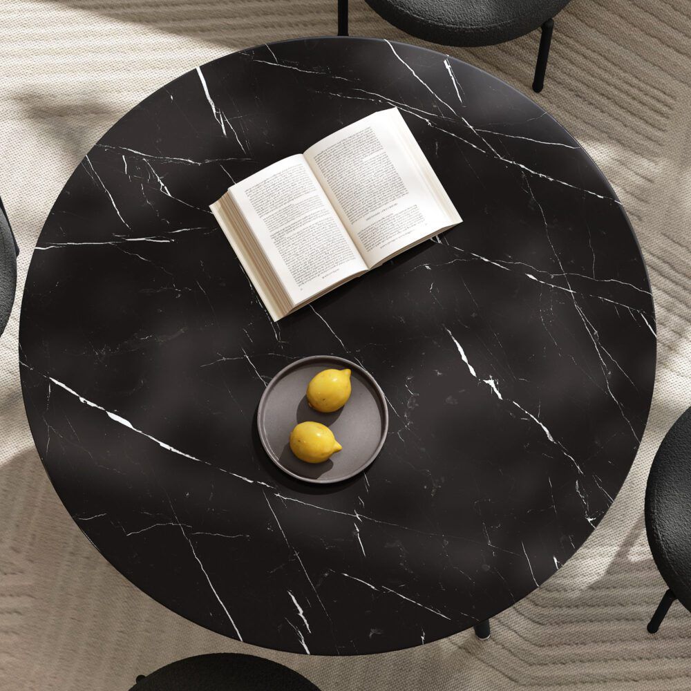 Round Dining Table – Marble Effect MDF Top with Powder-Coated Steel Legs