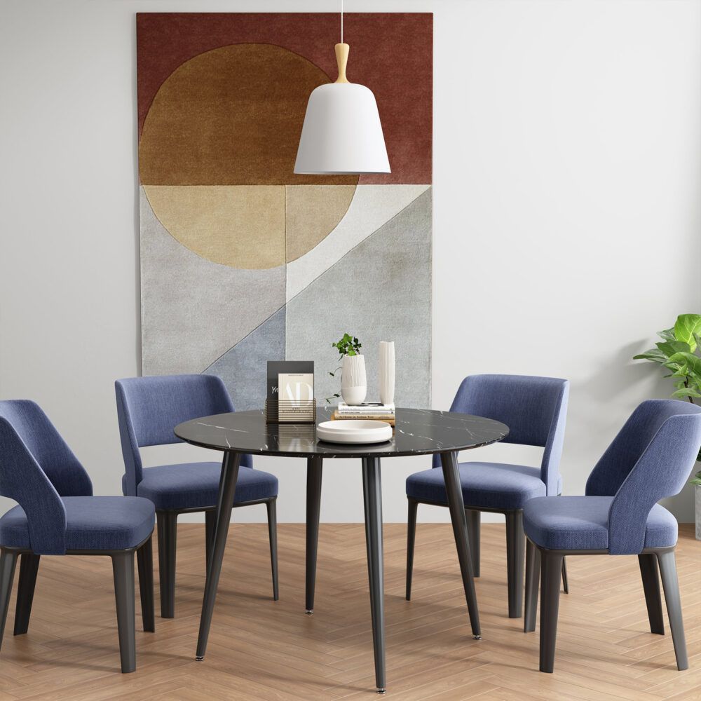 Round Dining Table – Marble Effect MDF Top with Powder-Coated Steel Legs