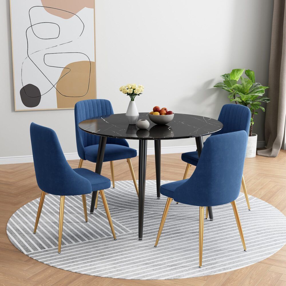 Round Dining Table – Marble Effect MDF Top with Powder-Coated Steel Legs