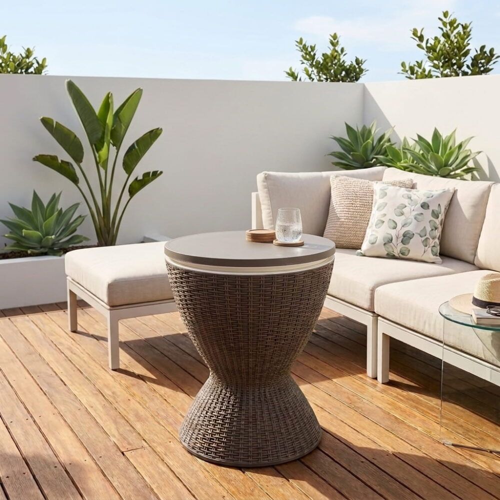 Taupe garden ice cooler table by The Willow Stone Collective, outdoor furniture accessory with 30L capacity and sturdy design.