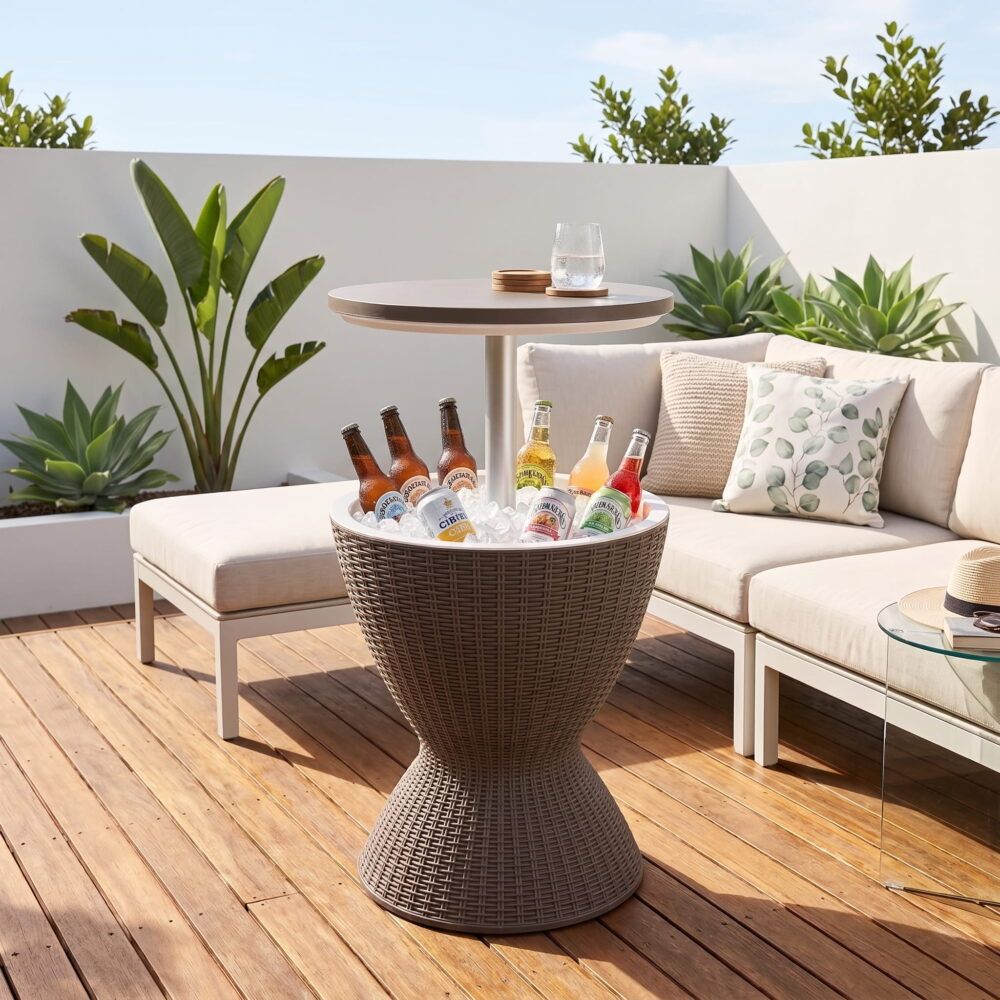 Taupe outdoor garden ice cooler table by The Willow Stone Collective with 30L capacity, ideal for outdoor furniture accessories.