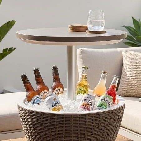 Taupe Garden Ice Cooler Table by The Willow Stone Collective with 30L capacity, outdoor furniture accessory, suitable for outdoor gatherings.