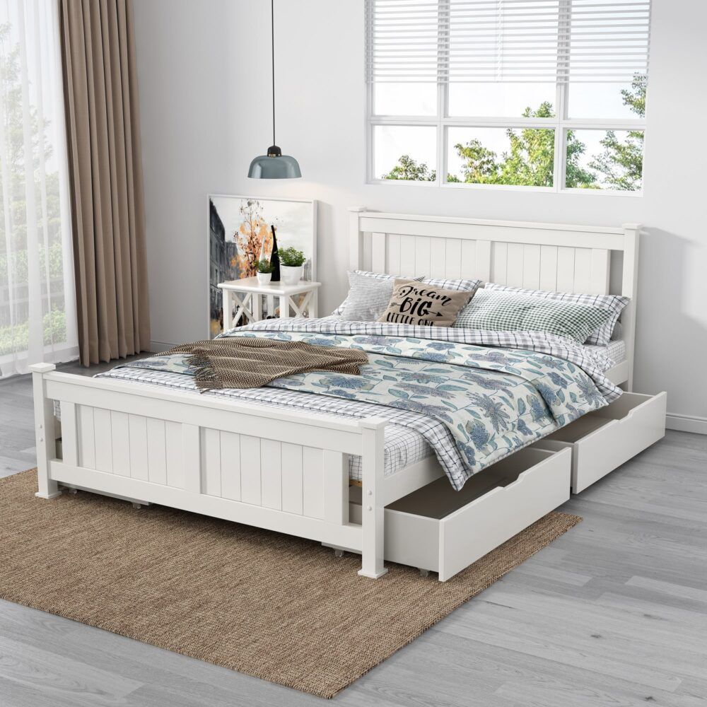 Wooden Bed Frame Trundle Drawers – Storage, White, Set of 2