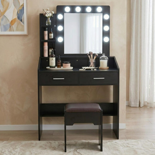 Vanity Set with Lighted Mirror, Shelves, and Cushioned Stool – Black