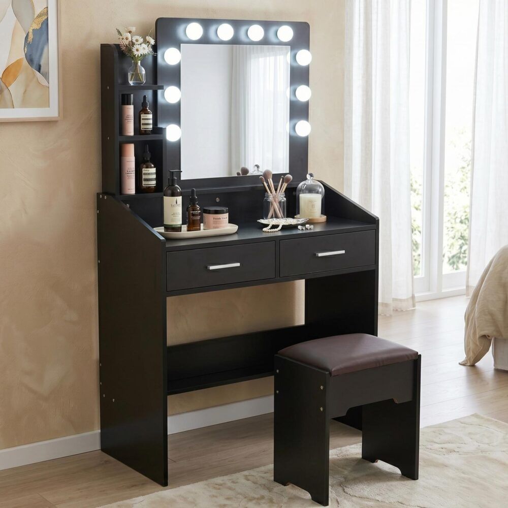 Vanity Set with Lighted Mirror, Shelves, and Cushioned Stool – Black