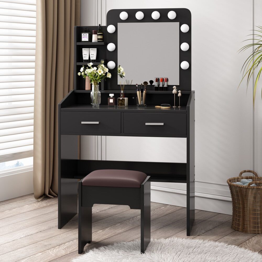Vanity Set with Lighted Mirror, Shelves, and Cushioned Stool – Black