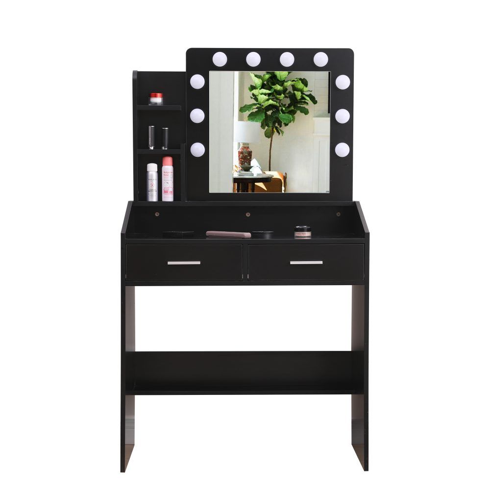 Vanity Set with Lighted Mirror, Shelves, and Cushioned Stool – Black
