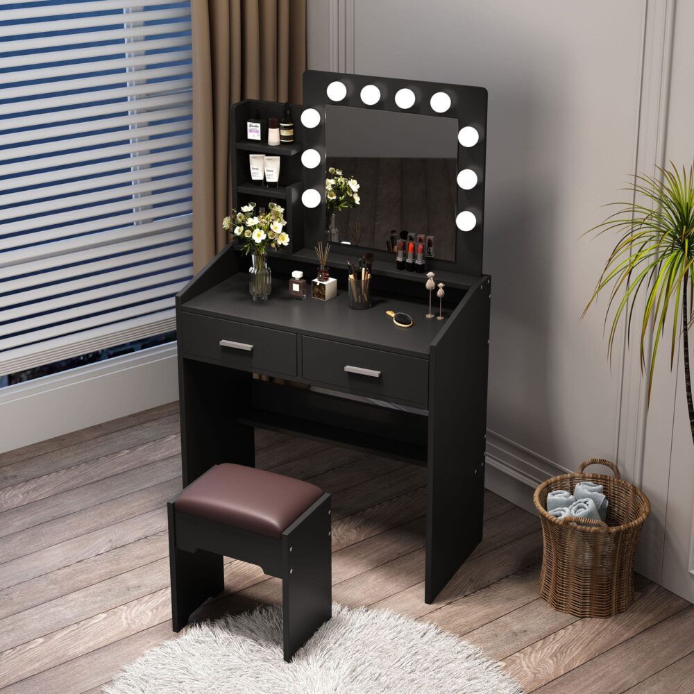 Vanity Set with Lighted Mirror, Shelves, and Cushioned Stool – Black