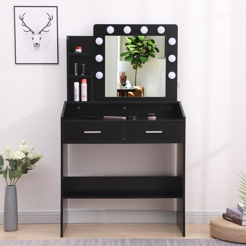Vanity Set with Lighted Mirror, Shelves, and Cushioned Stool – Black