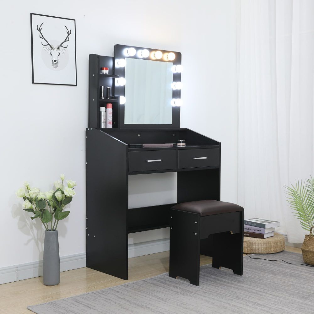 Vanity Set with Lighted Mirror, Shelves, and Cushioned Stool – Black