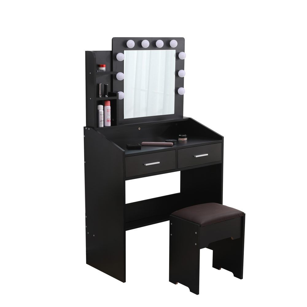 Vanity Set with Lighted Mirror, Shelves, and Cushioned Stool – Black