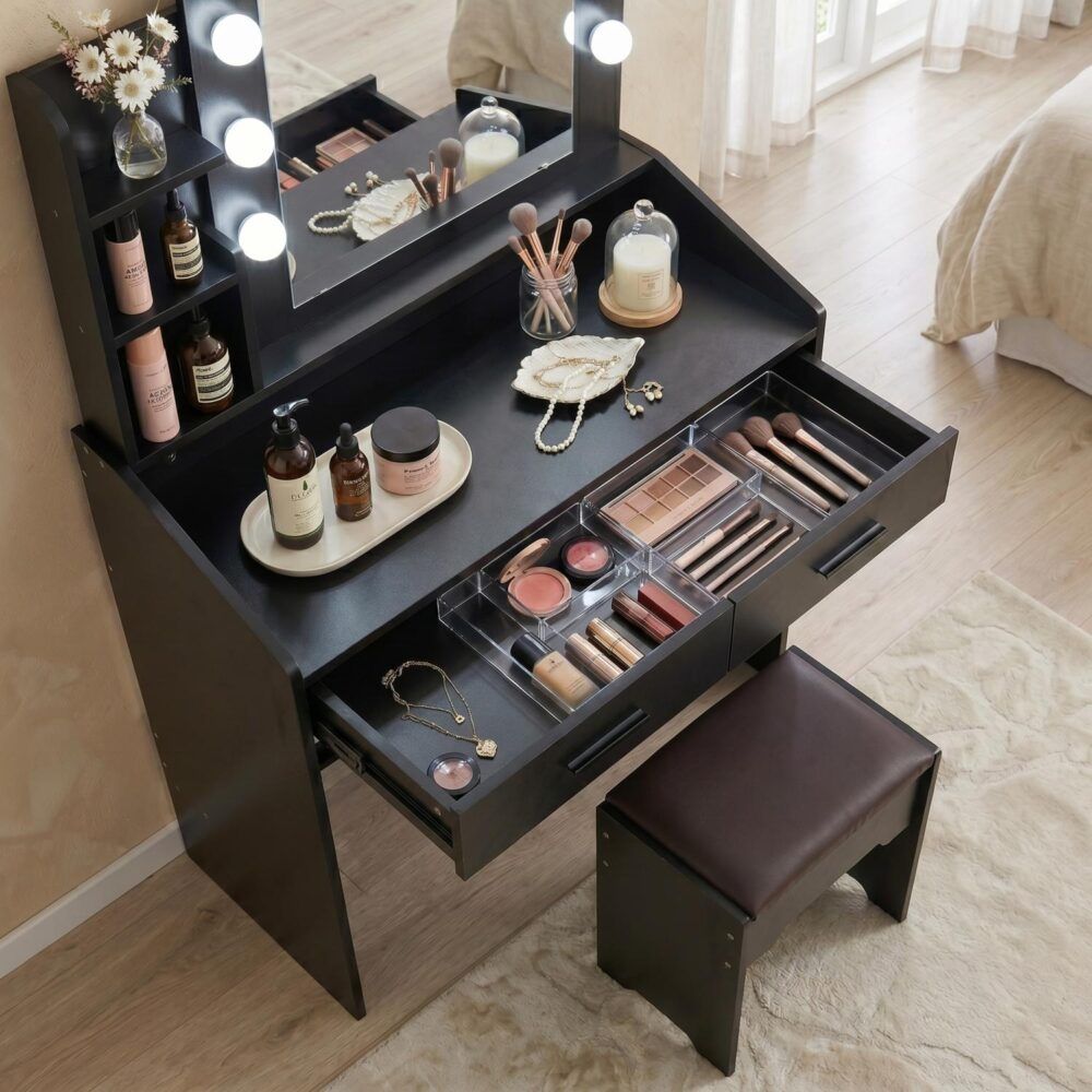Vanity Set with Lighted Mirror, Shelves, and Cushioned Stool – Black
