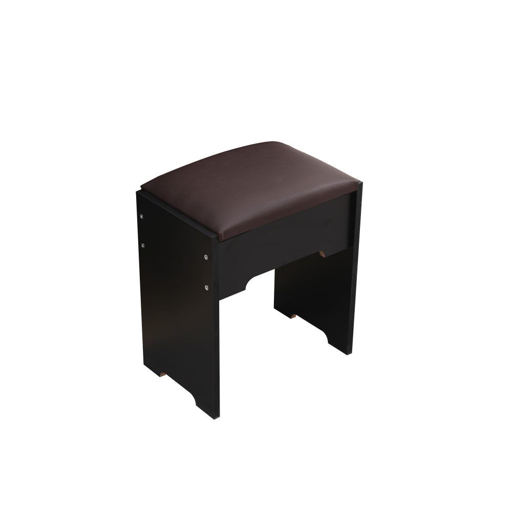 Vanity Set with Lighted Mirror, Shelves, and Cushioned Stool – Black