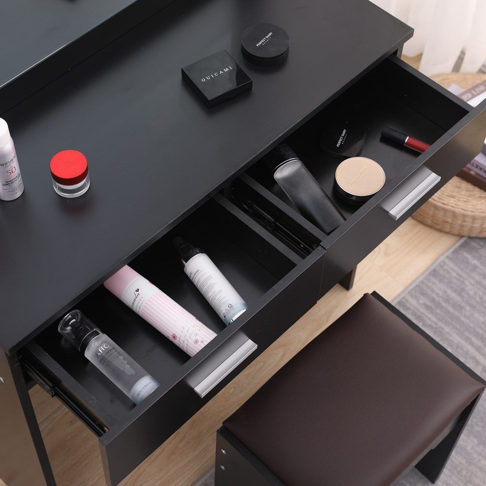 Vanity Set with Lighted Mirror, Shelves, and Cushioned Stool – Black