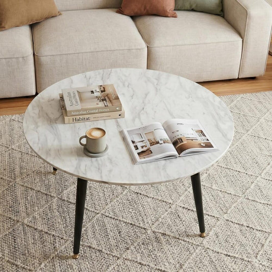 Round Coffee Table – Marble Effect, MDF and Steel Frame