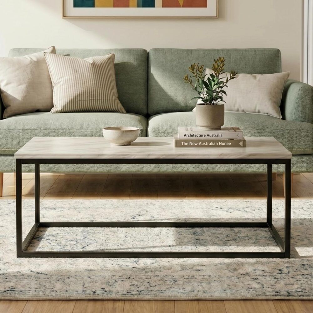 Rectangular Coffee Table – Marble Effect Top, Industrial Steel Base