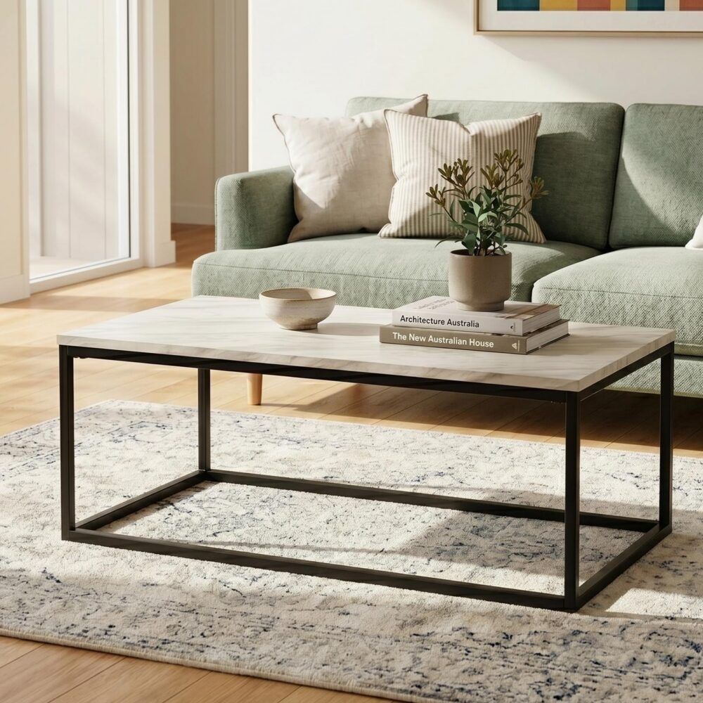 Rectangular Coffee Table – Marble Effect Top, Industrial Steel Base