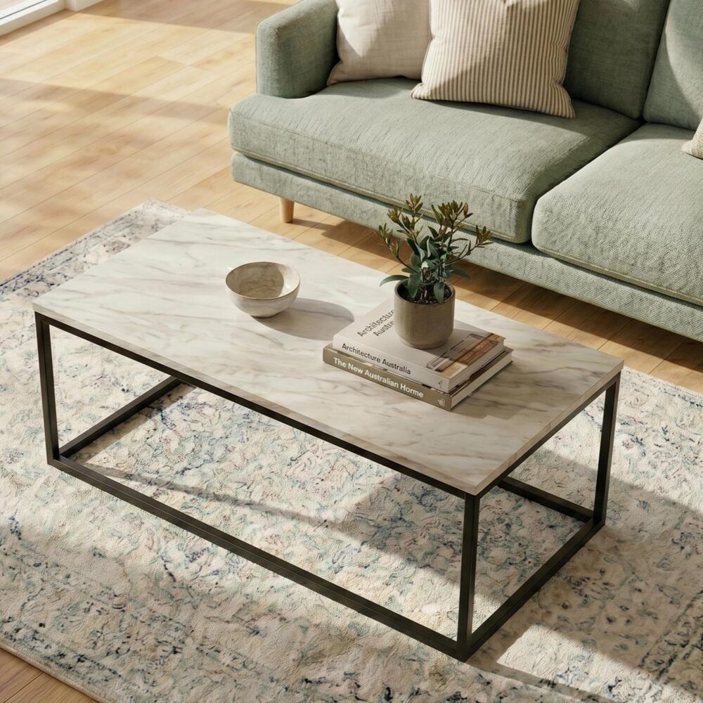 Rectangular Coffee Table – Marble Effect Top, Industrial Steel Base