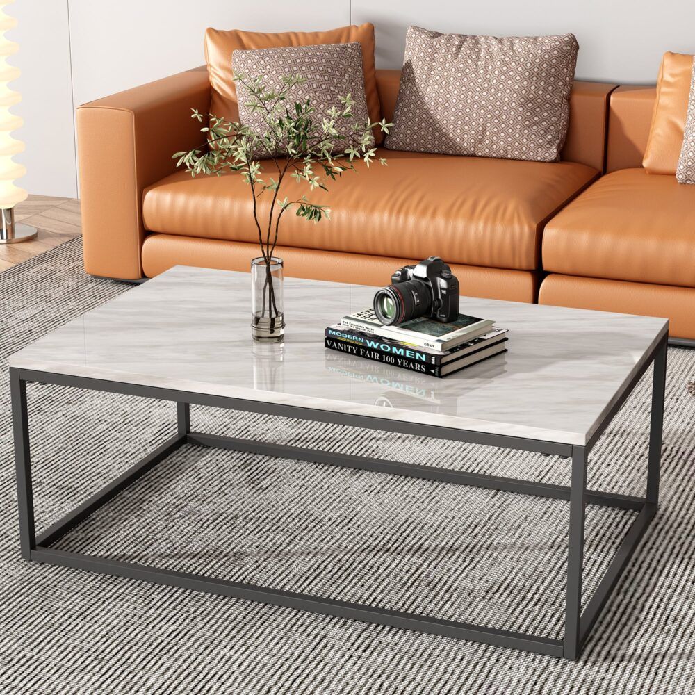 Rectangular Coffee Table – Marble Effect Top, Industrial Steel Base