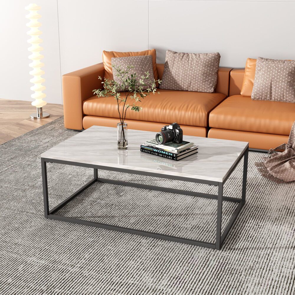 Rectangular Coffee Table – Marble Effect Top, Industrial Steel Base