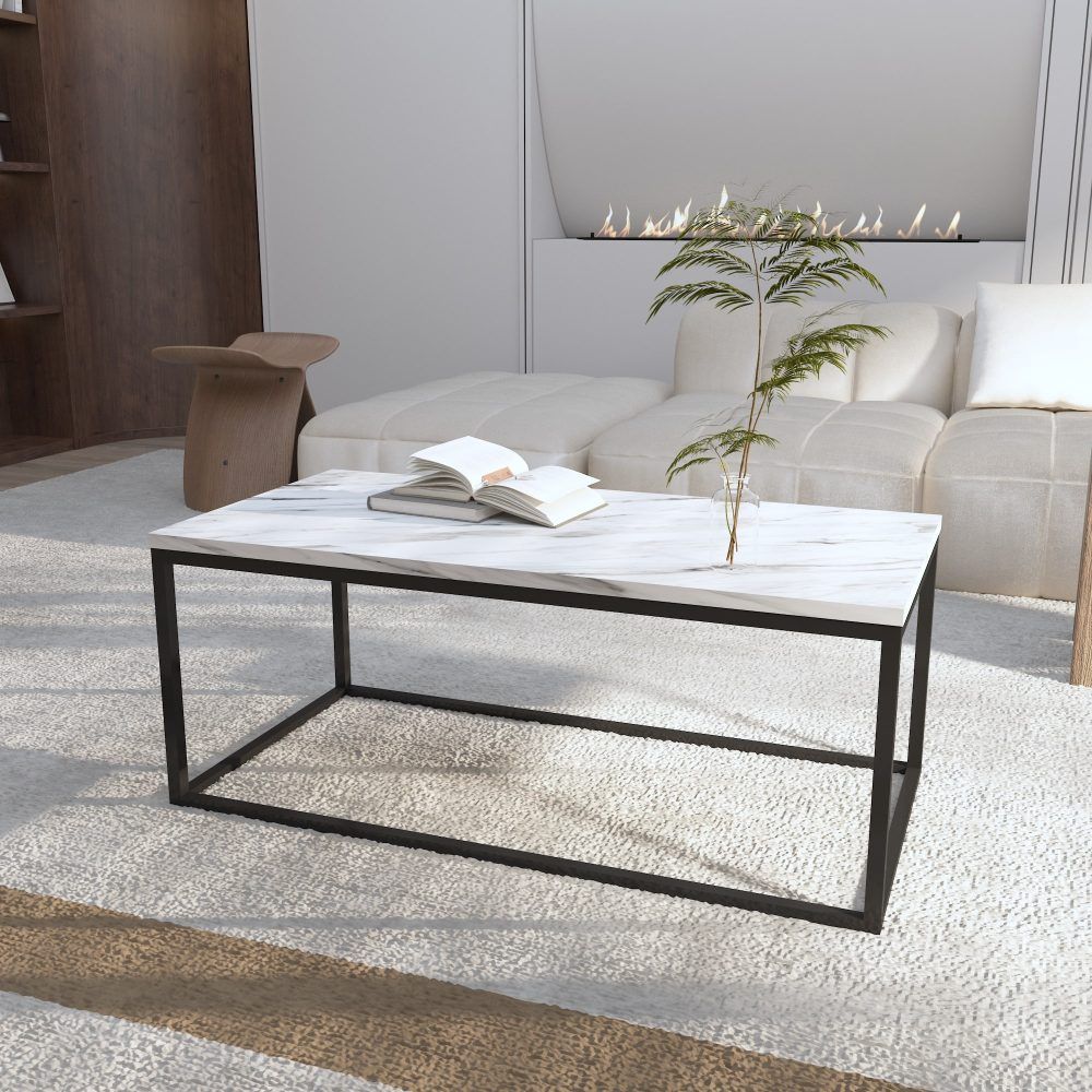 Rectangular Coffee Table – Marble Effect Top, Industrial Steel Base