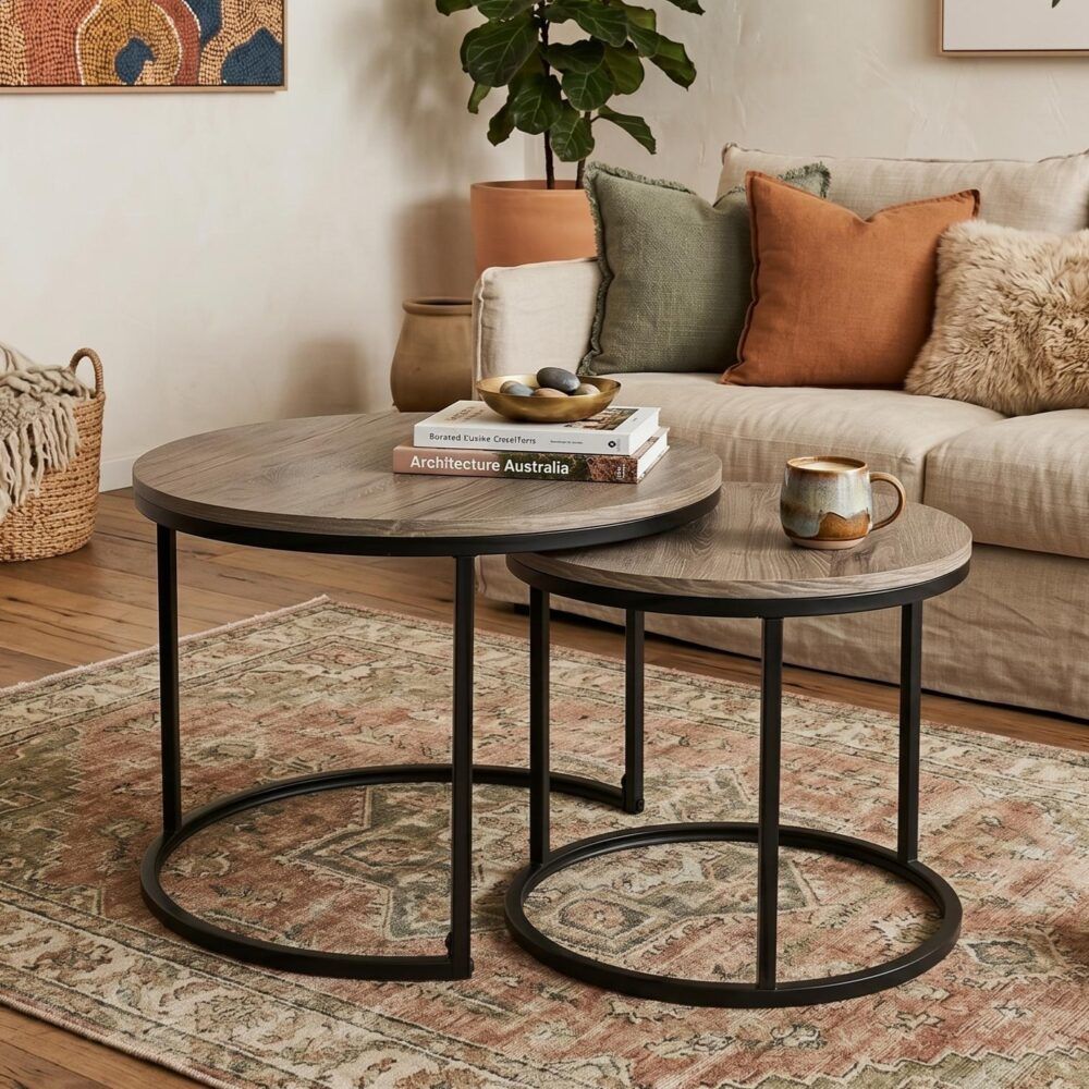 Stack & Style Nesting Coffee Table – Space-Saving Dark Gray Wood Grain Set