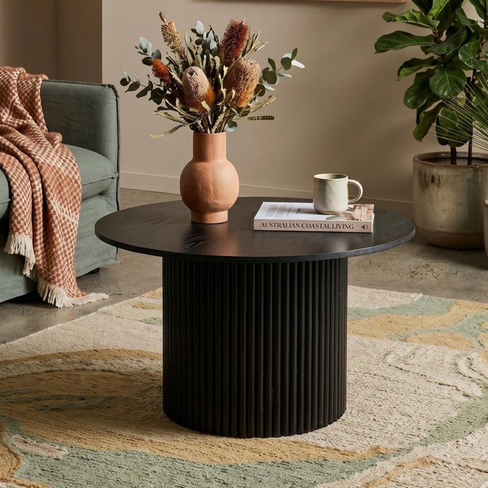 Wooden Coffee Table – Ribbed Texture, Black Finish