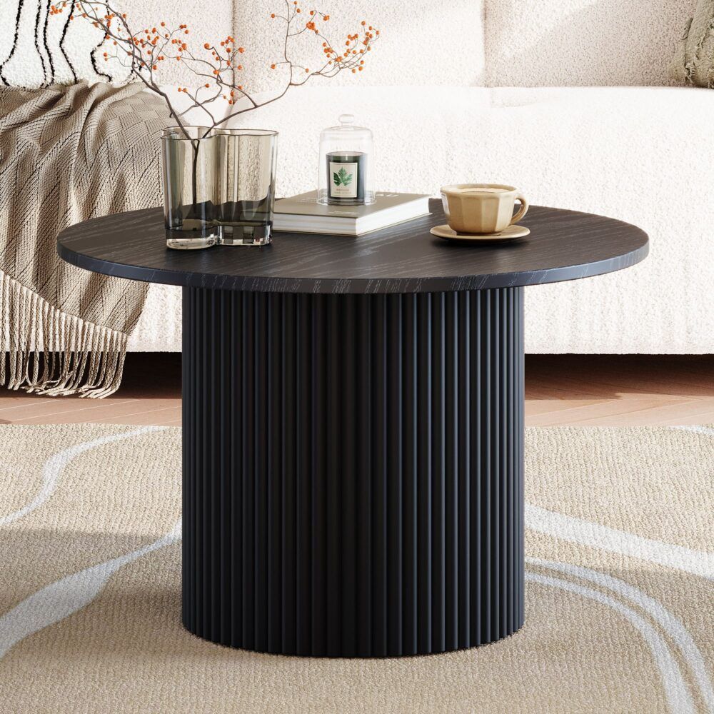 Wooden Coffee Table – Ribbed Texture, Black Finish
