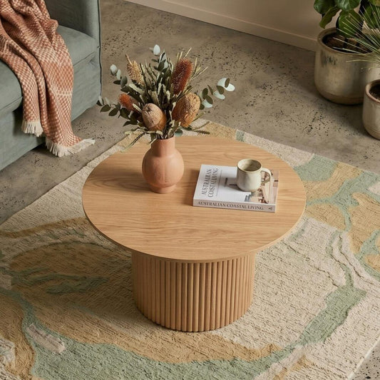 Ribbed Round Coffee Table – Natural Wood, Minimalist Design