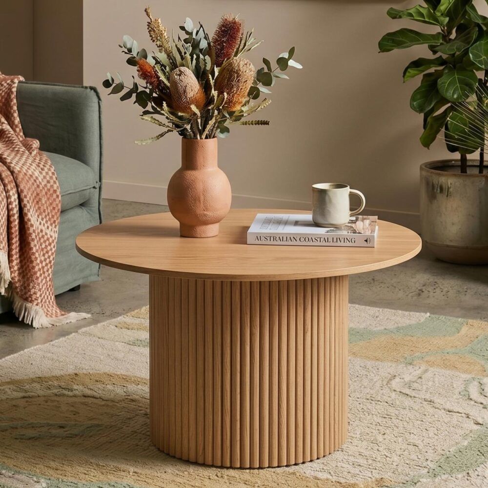 Ribbed Round Coffee Table – Natural Wood, Minimalist Design