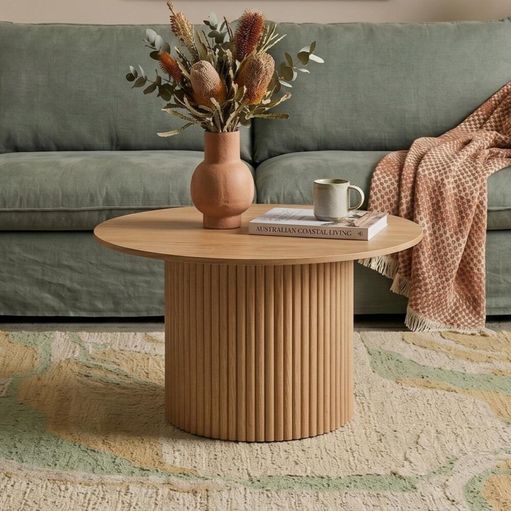 Ribbed Round Coffee Table – Natural Wood, Minimalist Design