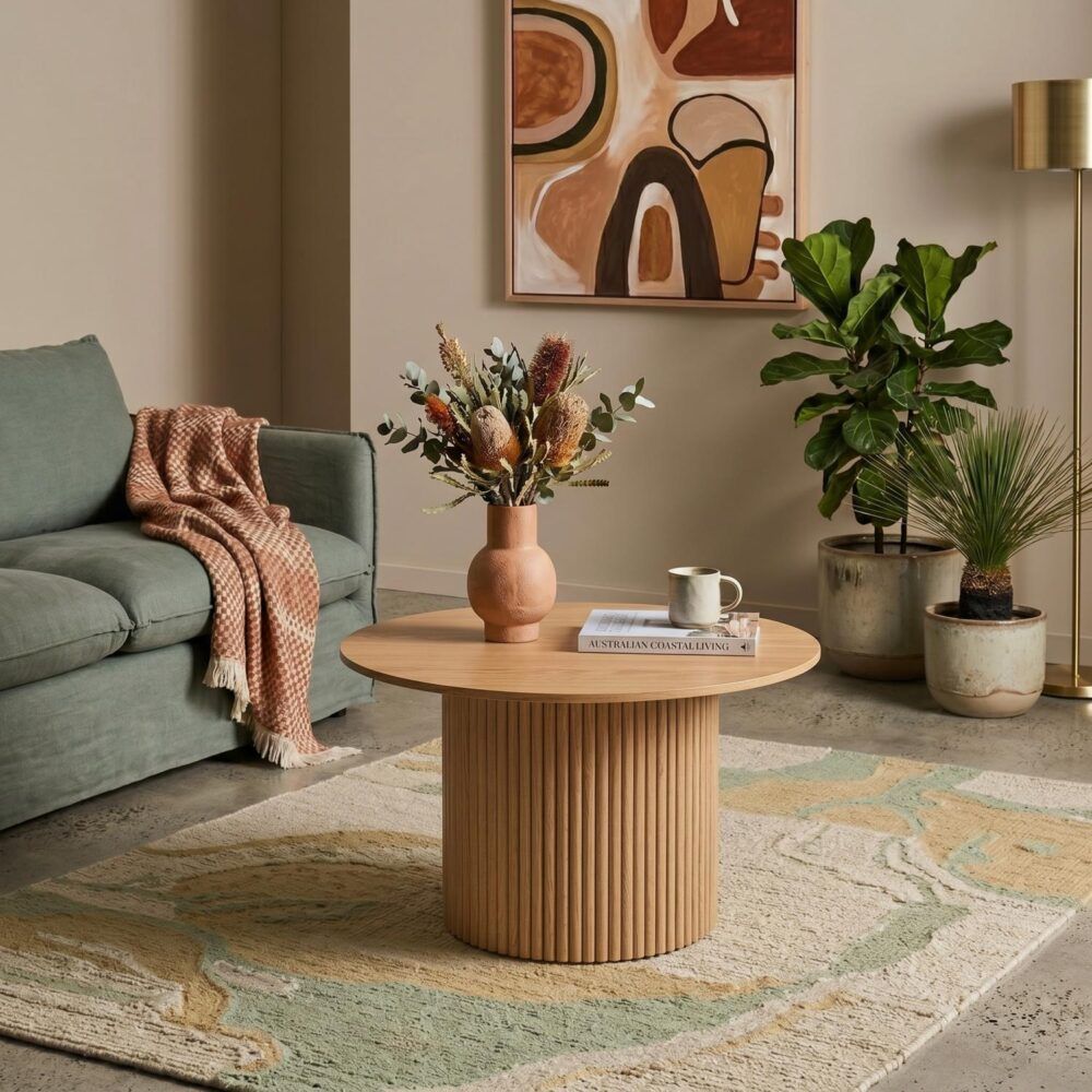Ribbed Round Coffee Table – Natural Wood, Minimalist Design