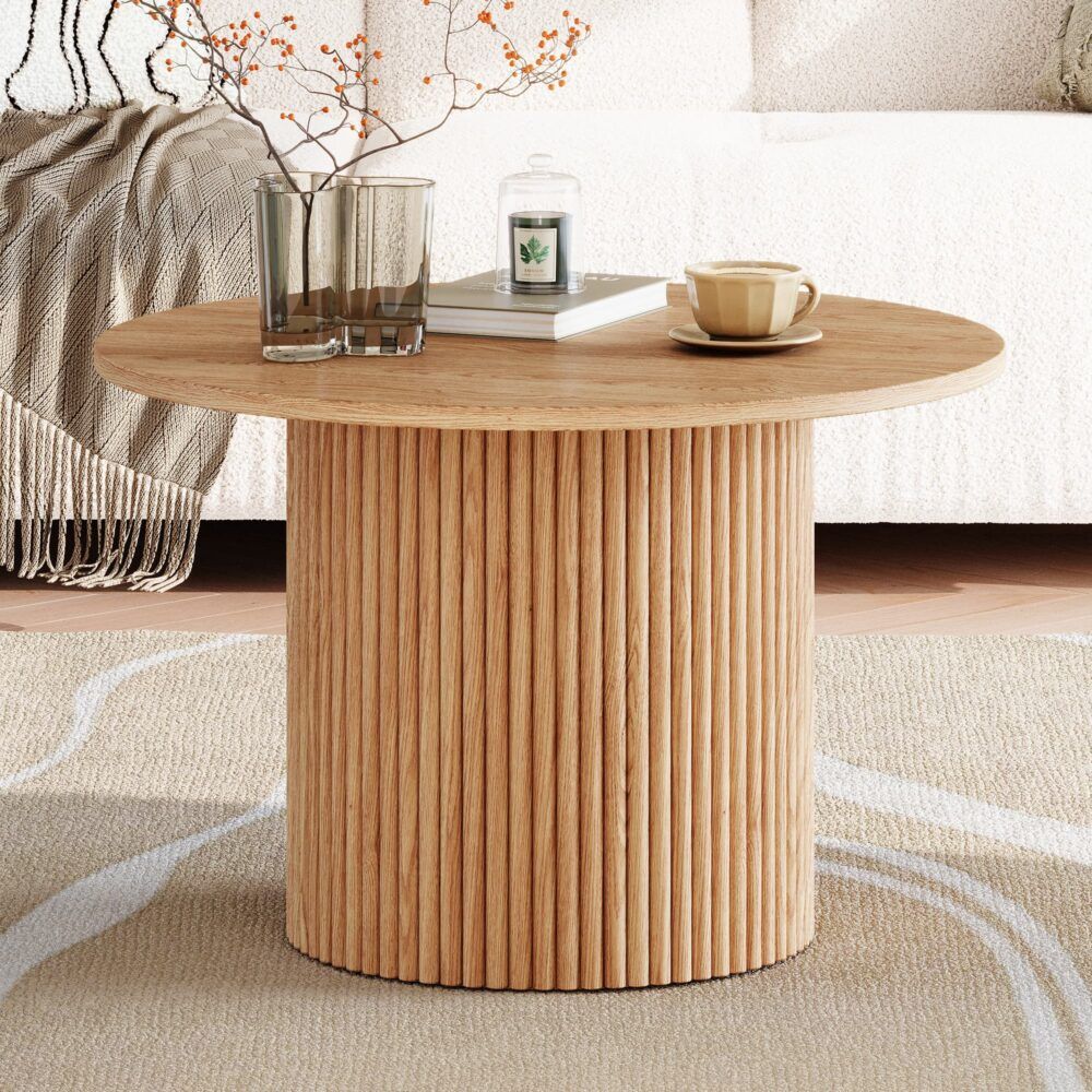 Ribbed Round Coffee Table – Natural Wood, Minimalist Design