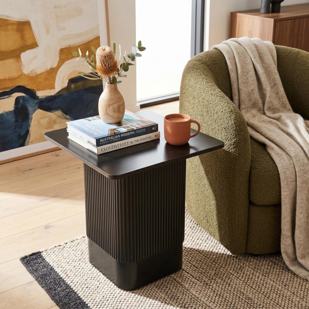 Clara Noir Side Table – Textured Base, MDF Top