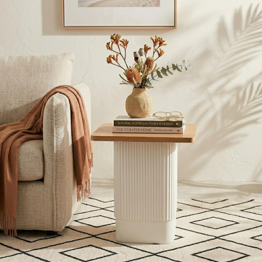 Clara Dusk Side Table – Natural Wood Grain, White Base