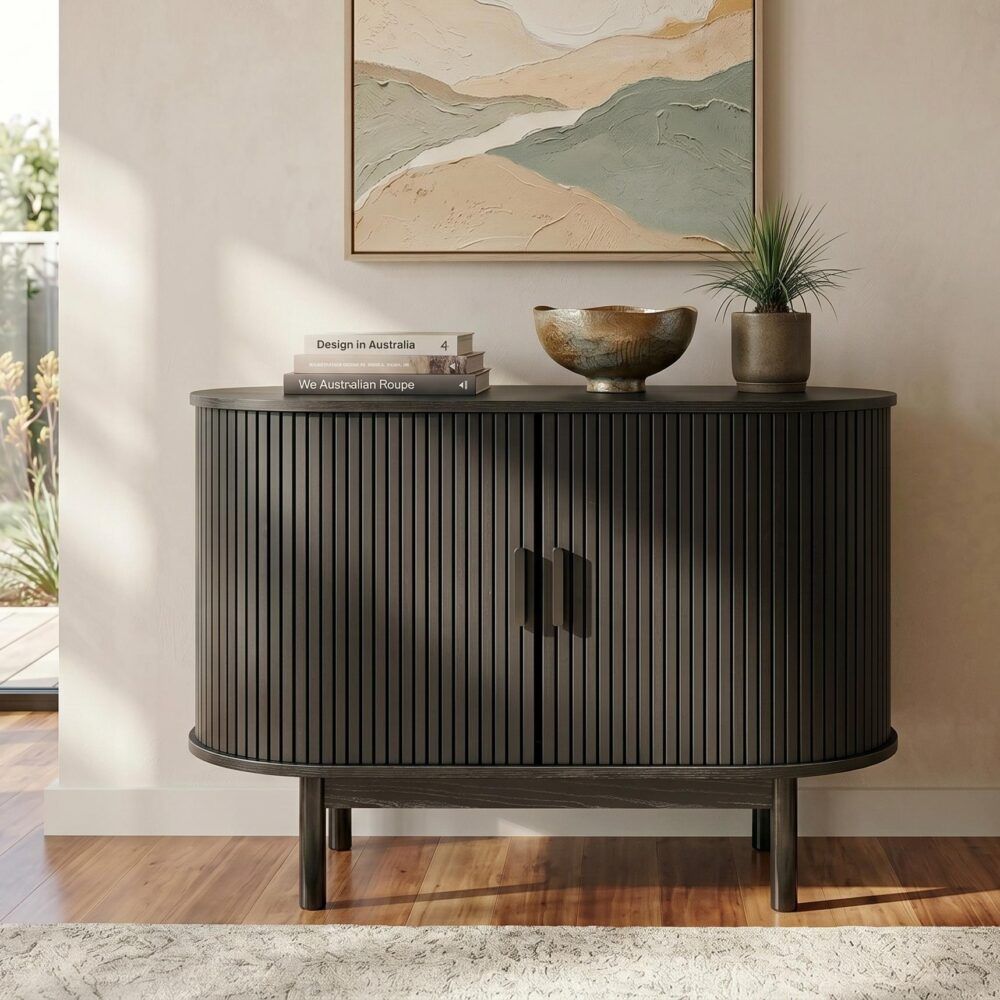Sideboard Cabinet – Ribbed Design, Black, Mid-Century Modern