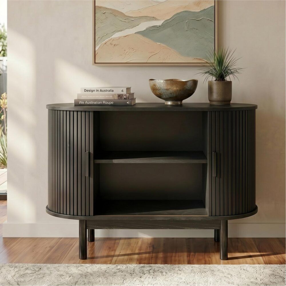Sideboard Cabinet – Ribbed Design, Black, Mid-Century Modern