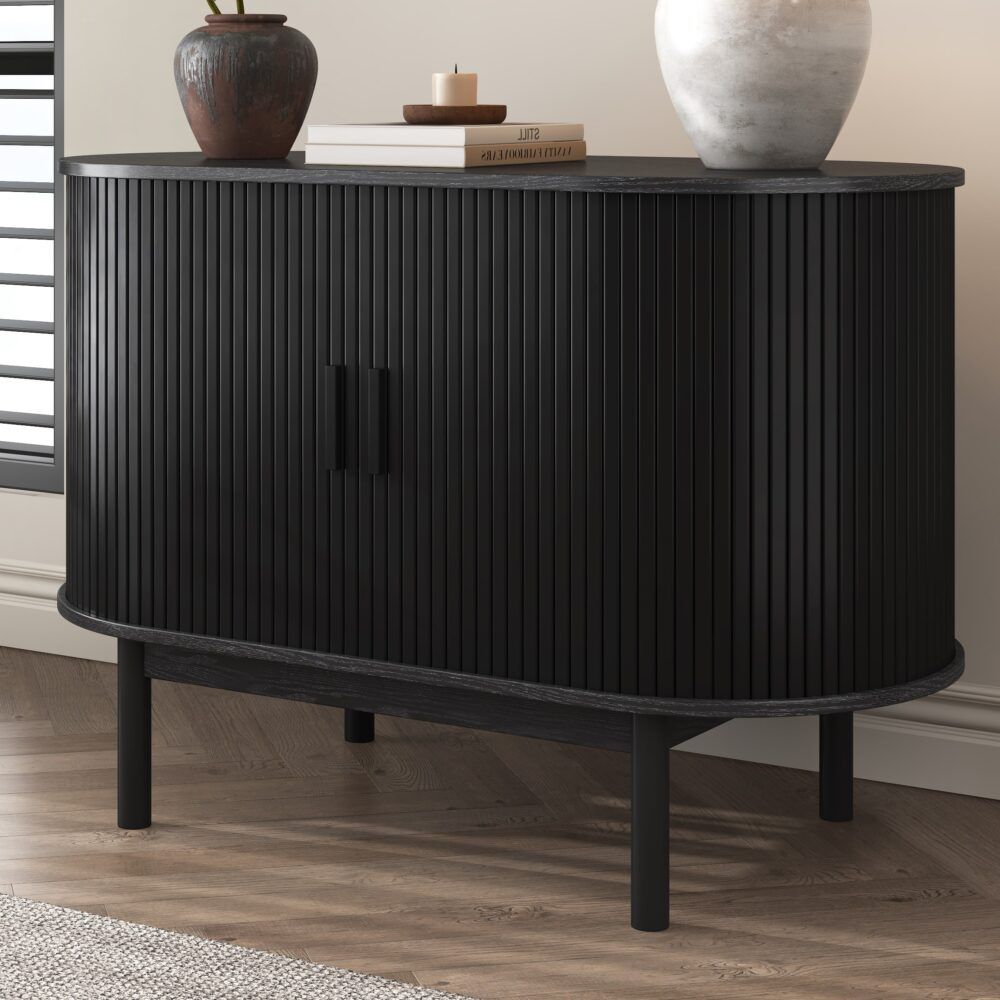 Sideboard Cabinet – Ribbed Design, Black, Mid-Century Modern