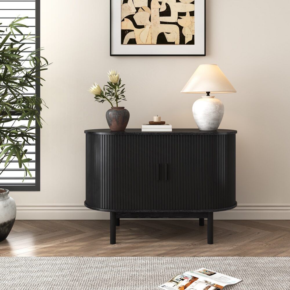 Sideboard Cabinet – Ribbed Design, Black, Mid-Century Modern