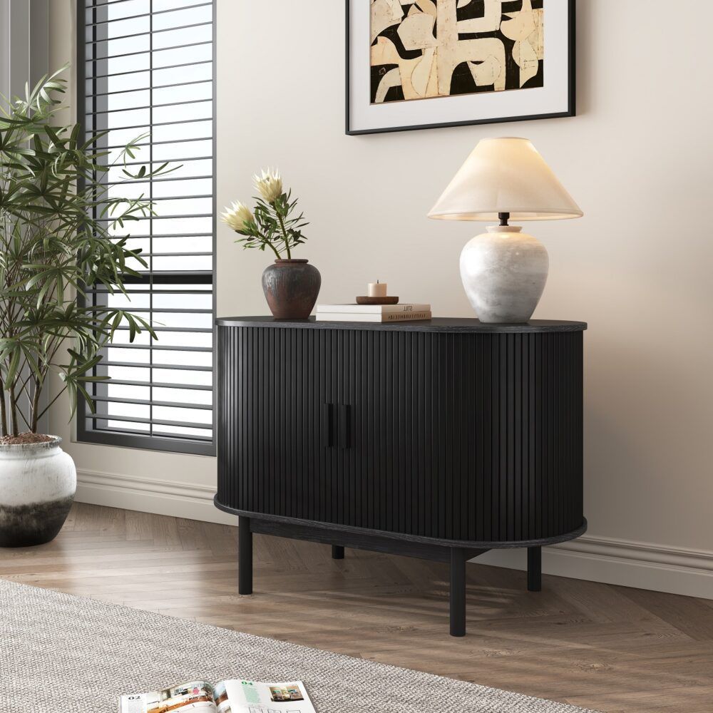 Sideboard Cabinet – Ribbed Design, Black, Mid-Century Modern