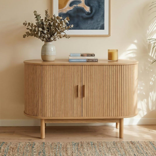 Natural Wood Sideboard Cabinet – Ribbed Design, Pinewood Details