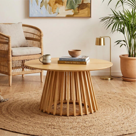 Coastal Haven Coffee Table – Natural Wood, Slatted Design, 80cm