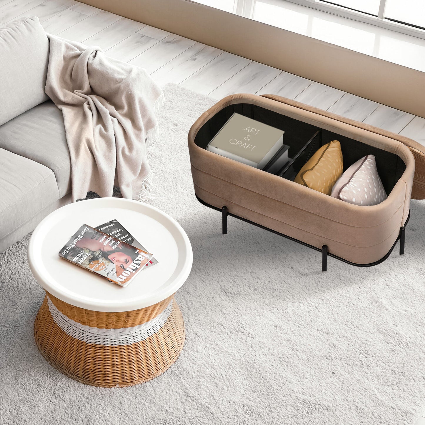 La Bella Storage Ottoman Coffee Table – Velvet, Camel Beige