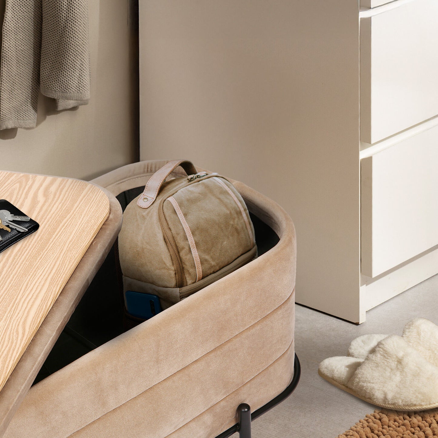 La Bella Storage Ottoman Coffee Table – Velvet, Camel Beige